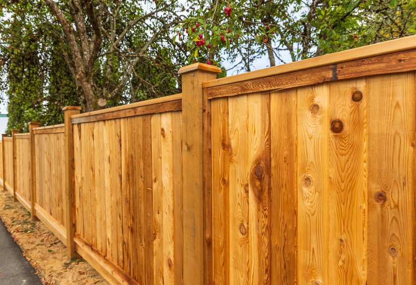 New cedar privacy fence with a cap rail and square posts beside a path