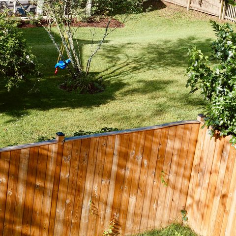 Stained wood privacy fence bordering a backyard lawn with a child's swing